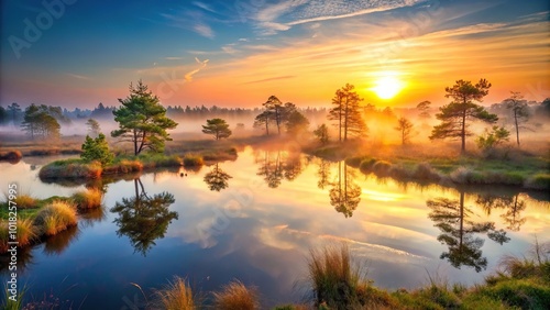 Misty bog landscape at sunrise with lakes and nature background