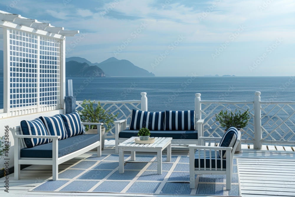 Fototapeta premium Coastal Minimalist Roof Top Setting with White Frame Sofa, Navy Blue Striped Cushions, and Ocean View