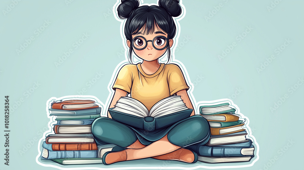 cartoon character of cute girl reading books cartoon character of cute girl reading books