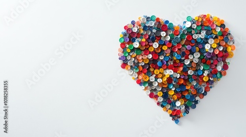 Close-up of tiny plastic buttons in various bright colors, arranged into a heart shape on a clean white surface.