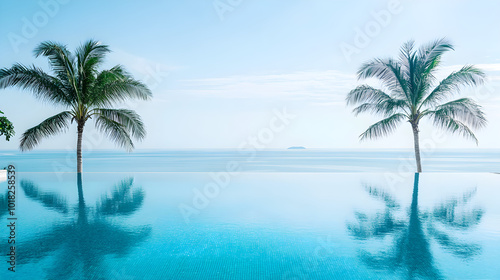 A minimalistic infinity pool with crystal-clear water reflects palm trees against a serene ocean backdrop under a bright sky