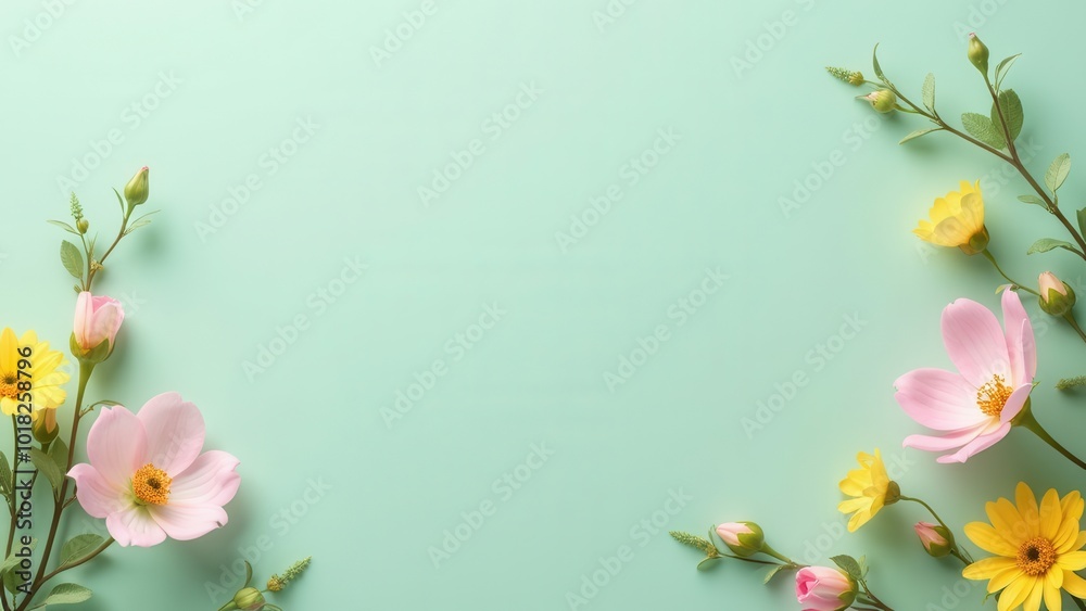 Fototapeta premium This image presents an arrangement of soft pink and yellow flowers on a mint green backdrop, creating a fresh and lively atmosphere that evokes feelings of cheerfulness and vitality reminiscent of spr