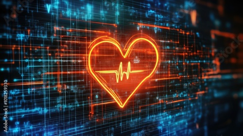 Cloud with a heartbeat pulse icon over a network matrix background, symbolizing cloud technology in health care