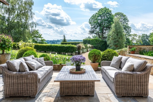 Light Grey Rattan Sofa and Dining Set on Terrace Overlooking English Garden