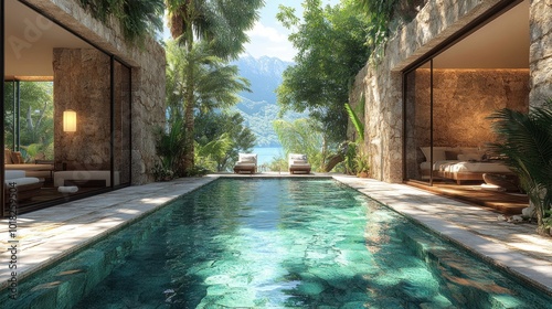 Serene poolside retreat surrounded by lush nature and mountains.