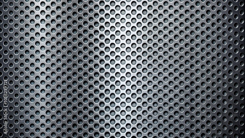 A gleaming metallic surface with a repeating pattern of circular perforations, creating a textured and reflective background. A gleaming metallic surface with a repeating pattern of circular perforations, creating a textured and reflective background.