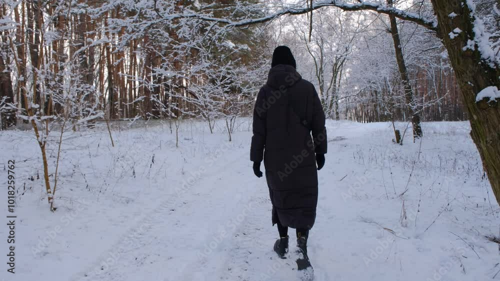 The girl is alone in the forest. Walking through the forest in winter. The girl is walking through the winter forest. The girl is alone in the forest. Walking through the forest in winter. The girl is walking through the winter forest.