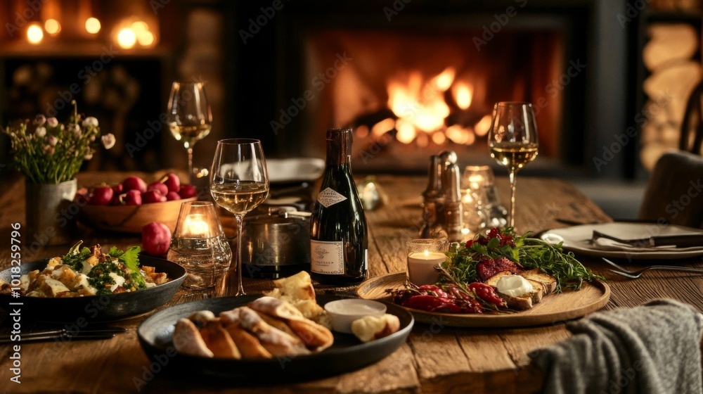 Fototapeta premium Romantic Dinner Table Setting with Fireplace and Champagne