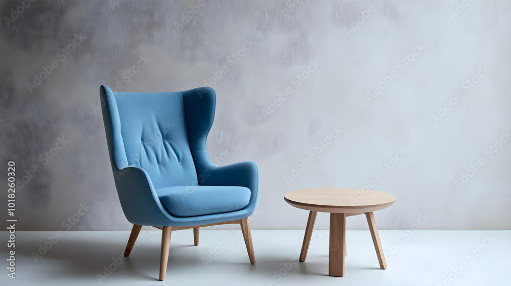 Fototapeta premium A soft blue armchair is positioned next to a light wood side table against a minimalist backdrop, creating a calm and inviting atmosphere