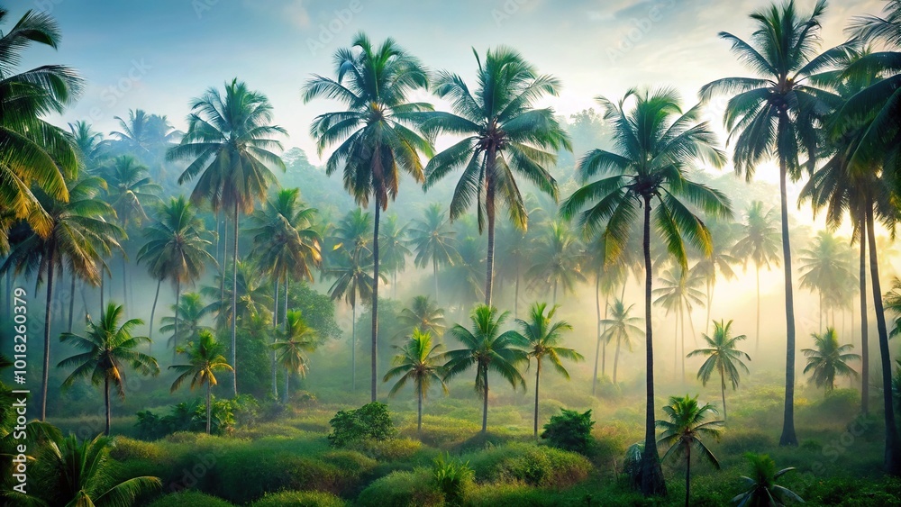 Misty morning in a jungle with a hazy coconut grove and foggy palm trees Misty morning in a jungle with a hazy coconut grove and foggy palm trees