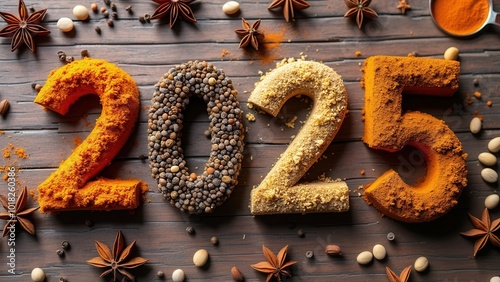 Various spices and herbs are creatively arranged to form the numbers '2025' on a rustic wooden background, showcasing natural ingredients and festive culinary inspiration for the New Year celebrations photo