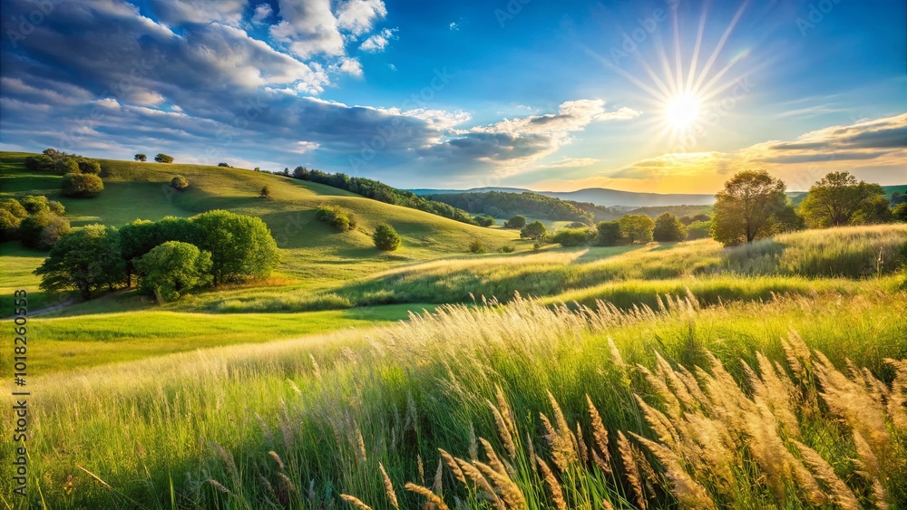Fototapeta premium Golden Grass Sways Gently in a Rolling Meadow Bathed in the Warm Glow of the Setting Sun