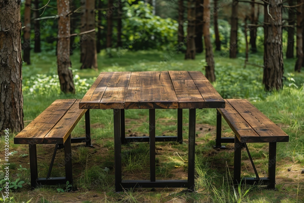 Industrial Style Garden Table with Black Legs and Bench on Grass, Surrounded by Trees Industrial Style Garden Table with Black Legs and Bench on Grass, Surrounded by Trees