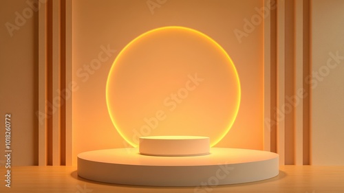 White Cylindrical Podium with Glowing Oval in Warm Minimalist Setting