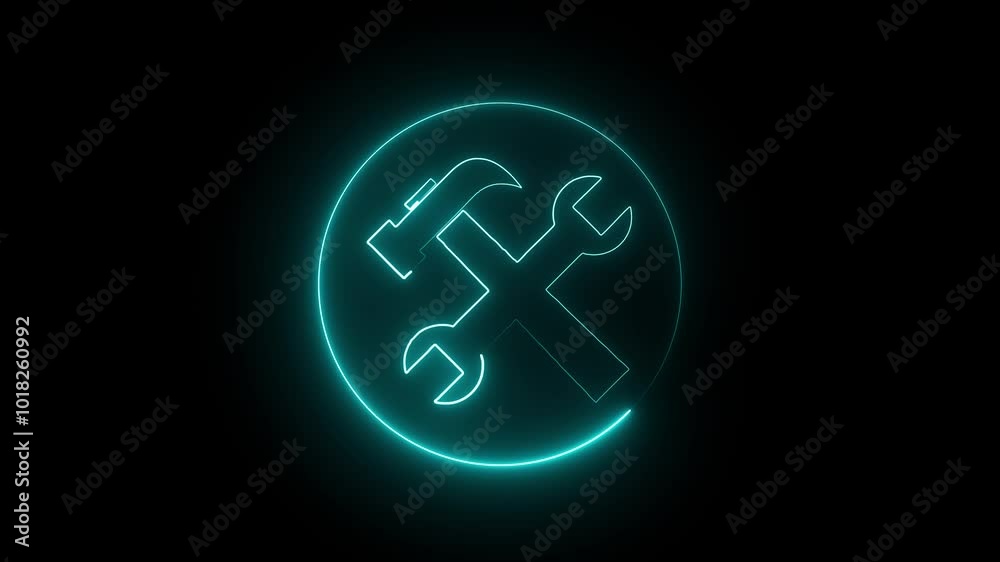 Animation of glowing neon sign Service tools, hammer and screwdriver, repair instruments, simple icon.. Abstract neon geometric sign icon. Animation of glowing neon sign Service tools, hammer and screwdriver, repair instruments, simple icon.. Abstract neon geometric sign icon.