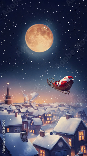 Wallpaper Mural A vintage-style illustration depicts Santa Claus flying in a sleigh over a snowy town under a full moon, creating a magical holiday atmosphere Torontodigital.ca