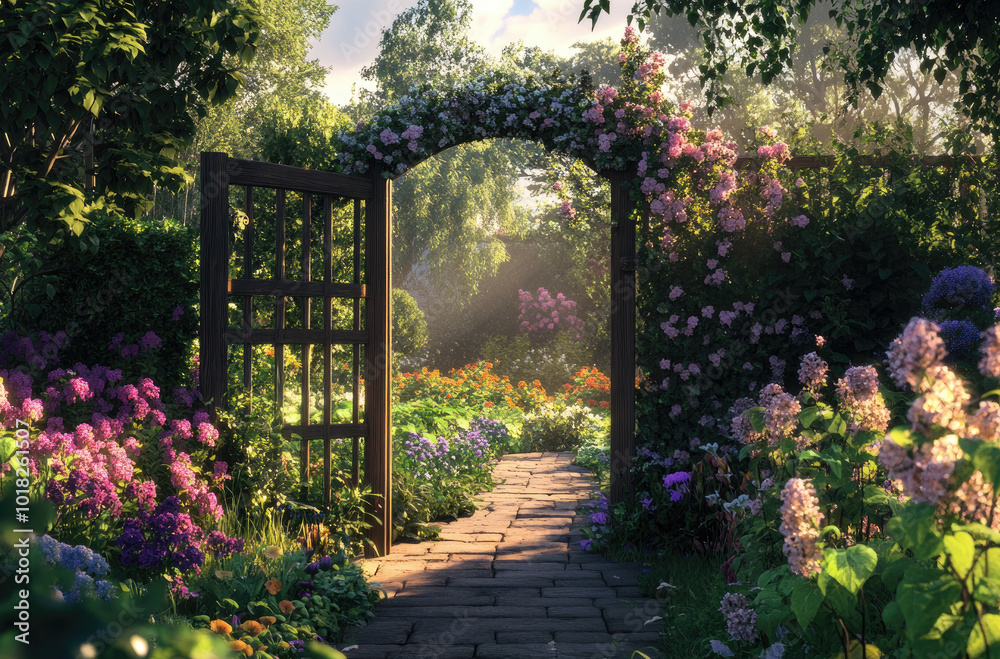 A beautiful garden with an open wooden gate leading to the distance, surrounded by colorful flowers and vegetables A beautiful garden with an open wooden gate leading to the distance, surrounded by colorful flowers and vegetables