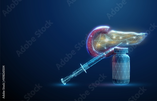Syringe on a bottle with human pancreas. Healthcare protection medical concept. Pancreas treatment concept.