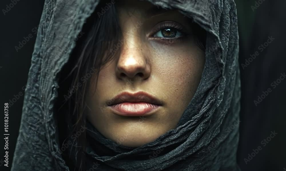 Close-up Portrait of a Woman in a Hood Close-up Portrait of a Woman in a Hood