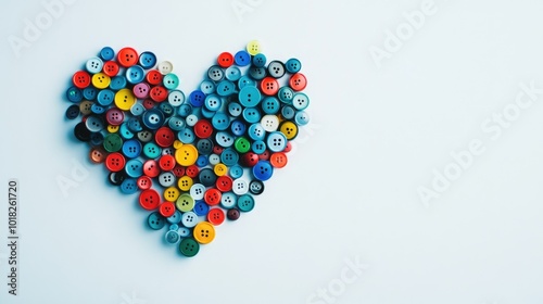 Colorful buttons forming a heart shape on a plain white background, creating a fun, whimsical composition.