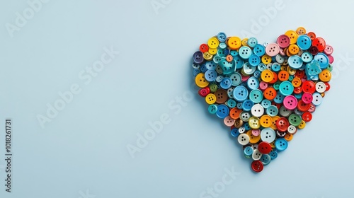 Colorful buttons forming a heart shape on a plain white background, creating a fun, whimsical composition.