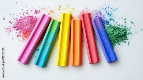 Colorful chalk sticks surrounded by matching powder, blending into soft streaks on a white surface.