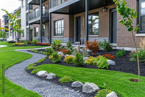 Apartment Building Front Yard with Landscaping, Grey Stone Path, Green Grass, and Low Shrubs on Sunny Day