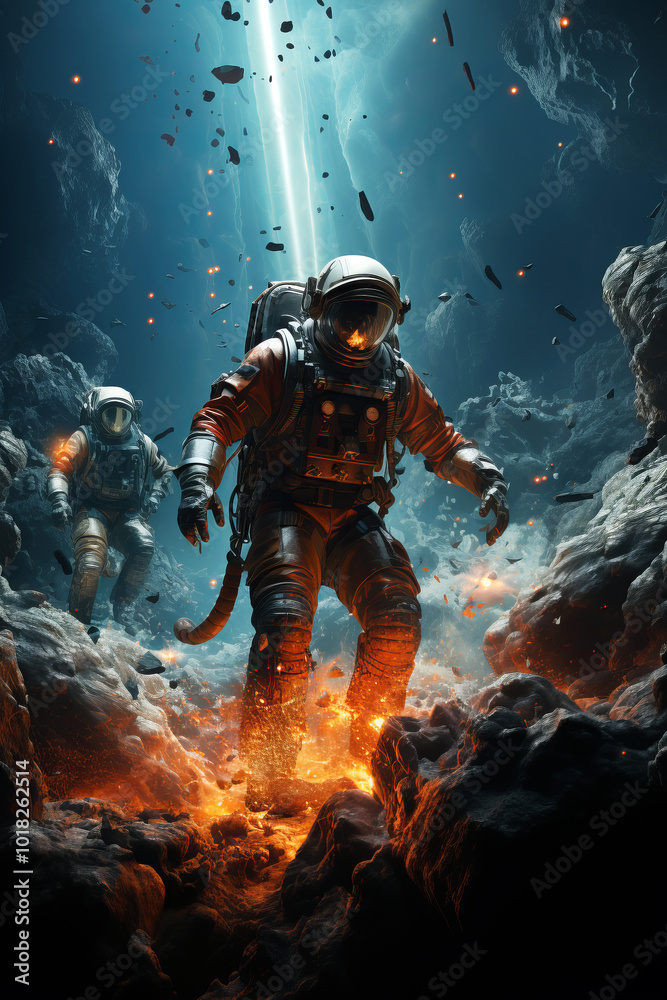Fototapeta premium Two astronauts in high-tech suits navigate a rocky, glowing cavern with floating debris and a beam of light shining from above.