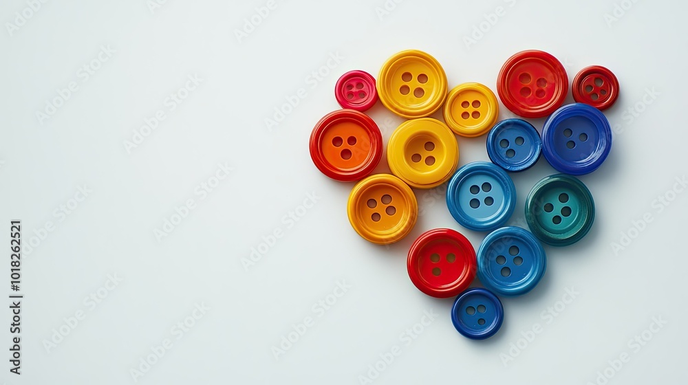 Colorful plastic buttons, in a heart shape on a smooth white background, capturing playful energy. Colorful plastic buttons, in a heart shape on a smooth white background, capturing playful energy.