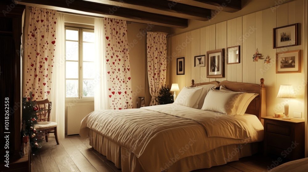 Fototapeta premium A cozy bedroom with a wooden bed, heart-patterned curtains, and warm lighting