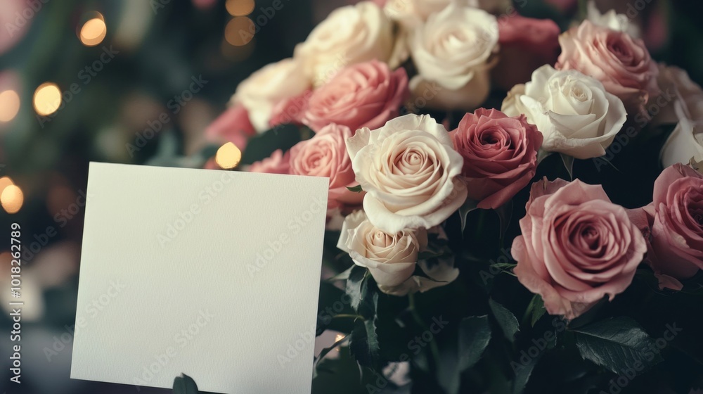 Obraz premium A blank card nestled in a bouquet of soft pink and white roses