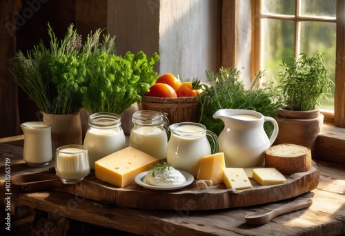 Wallpaper Mural scenic display organic milk products bathed natural light inviting textures fresh ingredients, dairy, nature, freshness, glass, bottle, cream, cheese, yogurt Torontodigital.ca