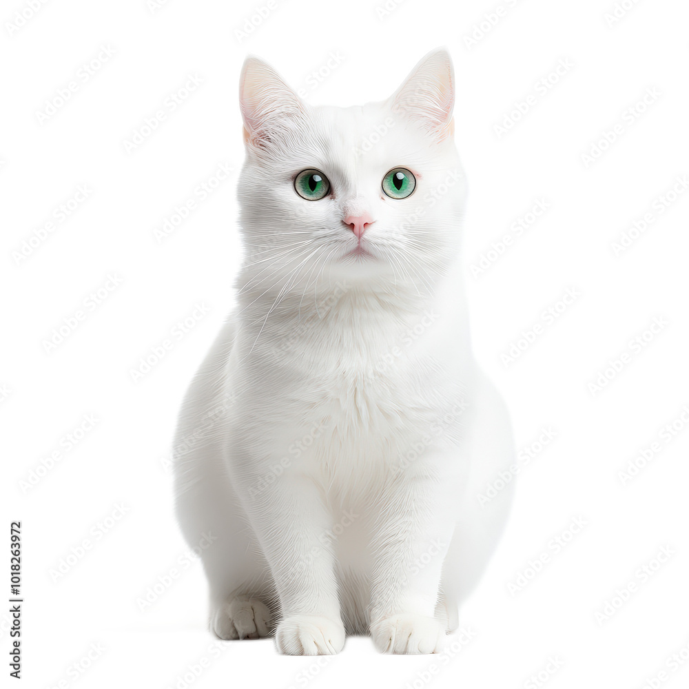 A white cat with green eyes is sitting on a white background. The cat has a calm and peaceful expression on its face A white cat with green eyes is sitting on a white background. The cat has a calm and peaceful expression on its face