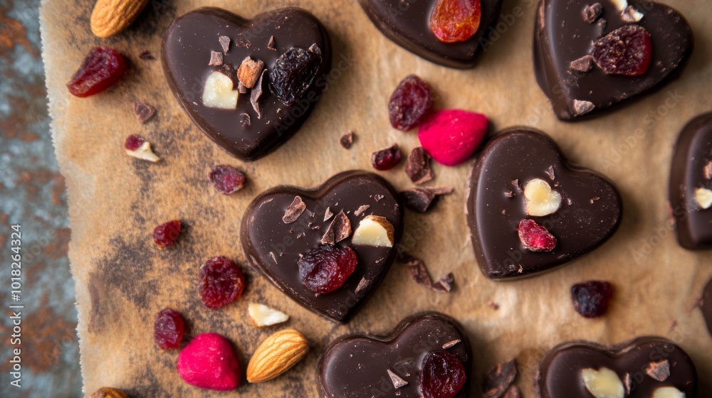 Heart-Shaped Dark Chocolate Candies with Almonds and Dried Cranberries Heart-Shaped Dark Chocolate Candies with Almonds and Dried Cranberries
