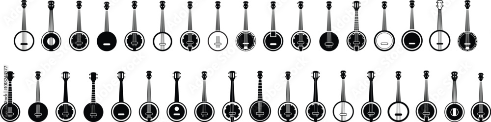 Banjo Instrument silhouette vector art illustration. Black music instrument rock, jazz silhouette. music band vector illustration icons set Vector design. Banjo Instrument silhouette vector art illustration. Black music instrument rock, jazz silhouette. music band vector illustration icons set Vector design.