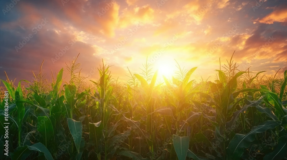 Fototapeta premium Corn stalks standing tall and green, silhouetted against a brilliant sunset sky.