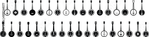 Banjo Instrument silhouette vector art illustration. Black music instrument rock, jazz silhouette. music band vector illustration icons set Vector design.