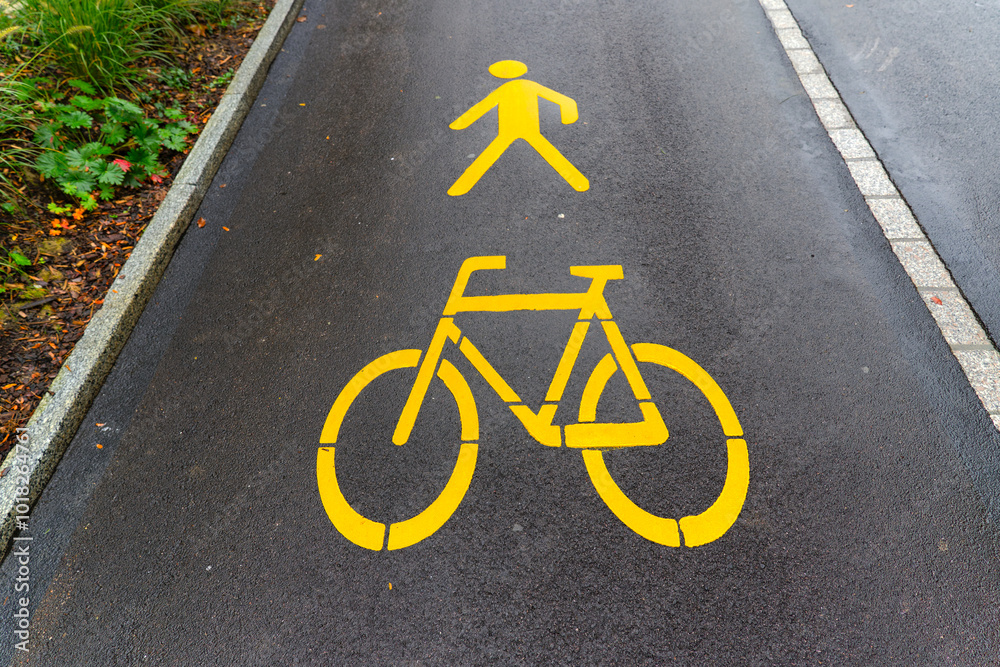 Obraz premium Yellow road marking of combined pathway for pedestrians and cyclists at Swiss City of Zürich on a rainy autumn day. Photo taken October 8th, 2024, Zurich, Switzerland.