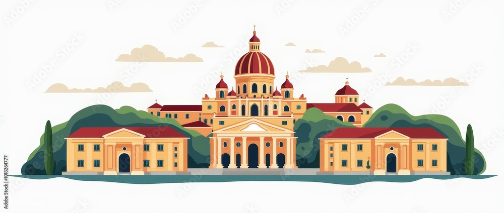 Obraz premium A Beautiful Illustration of a Grand Palace Surrounded by Lush Greenery and Clouds in a Serene Landscape