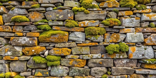 An ancient stone wall, a testament to time, weathered and adorned with vibrant hues of moss and lichen, whispering tales of ages past. photo