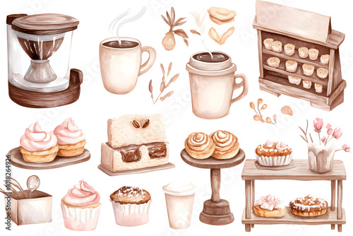 Cozy Coffee Watercolor Clipart Set, intricate designs showcasing warm beverages, inviting atmosphere, perfect for creative projects and designs