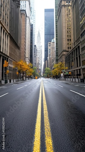 Empty city street with yellow lines and autumn trees, urban landscape.