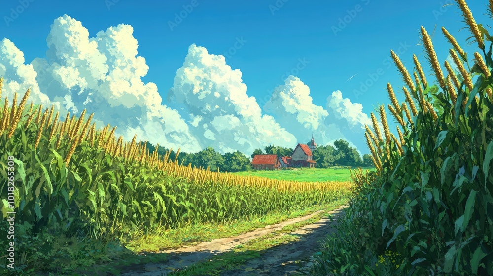 Fototapeta premium Corn stalks swaying gently in the breeze under a bright blue sky, with a small village in the distance.