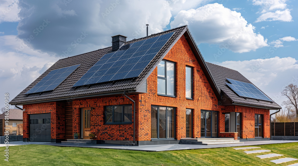 Fototapeta premium Modern brick house with solar panels generating electricity