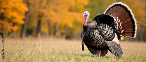 Wild Turkey Displaying Feathers in a Serene Field During Autumn Near Vibrant Trees