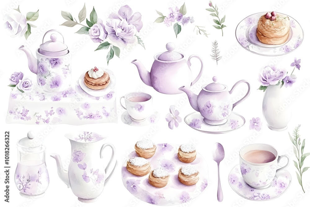 Fototapeta premium Delicate watercolor clipart set featuring intricate garden tea elements, perfect for invitations, stationery, and creative projects.