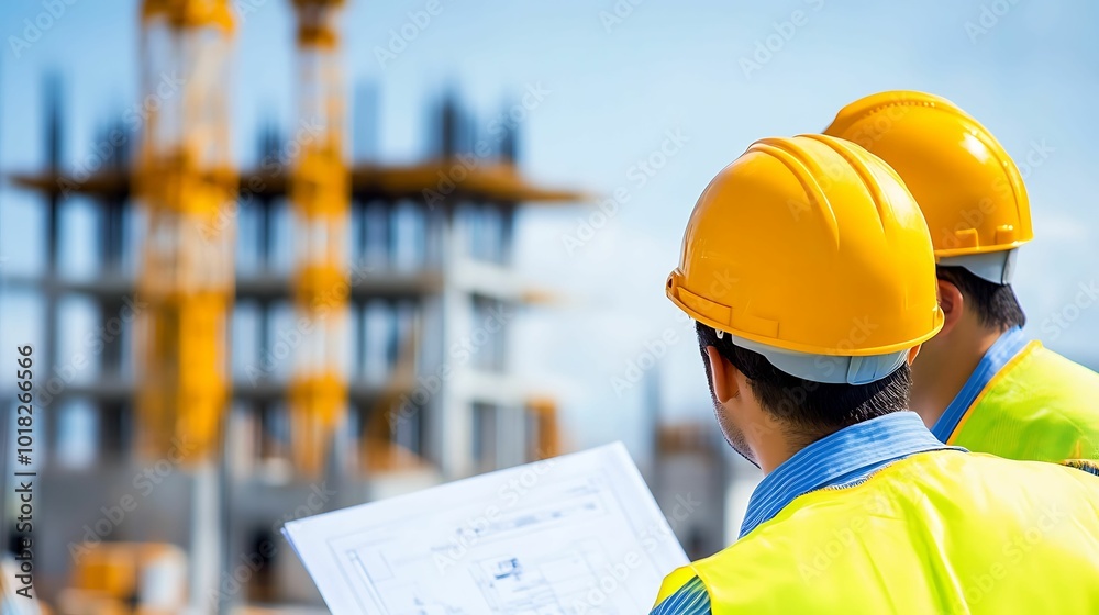 Two engineers wearing yellow hard hats and safety vests reviewing blueprints at an active construction site with cranes. Two engineers wearing yellow hard hats and safety vests reviewing blueprints at an active construction site with cranes.