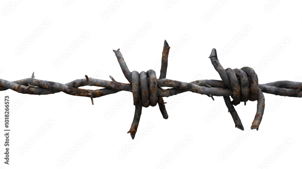 A rusty wire with a barbed end is stretched out on a white background