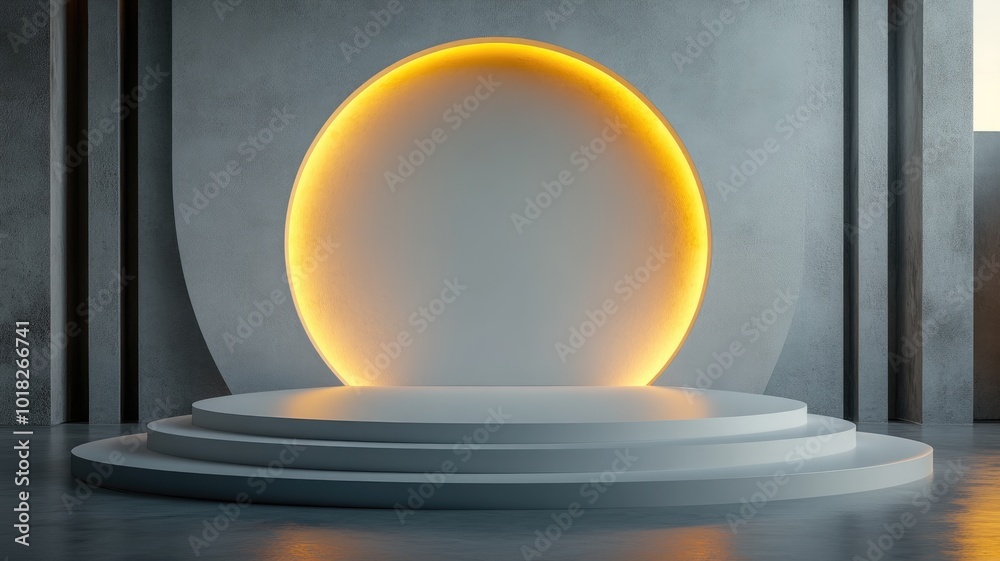 Abstract Minimalist Platform with Yellow Glowing Halo in a Concrete Setting Abstract Minimalist Platform with Yellow Glowing Halo in a Concrete Setting