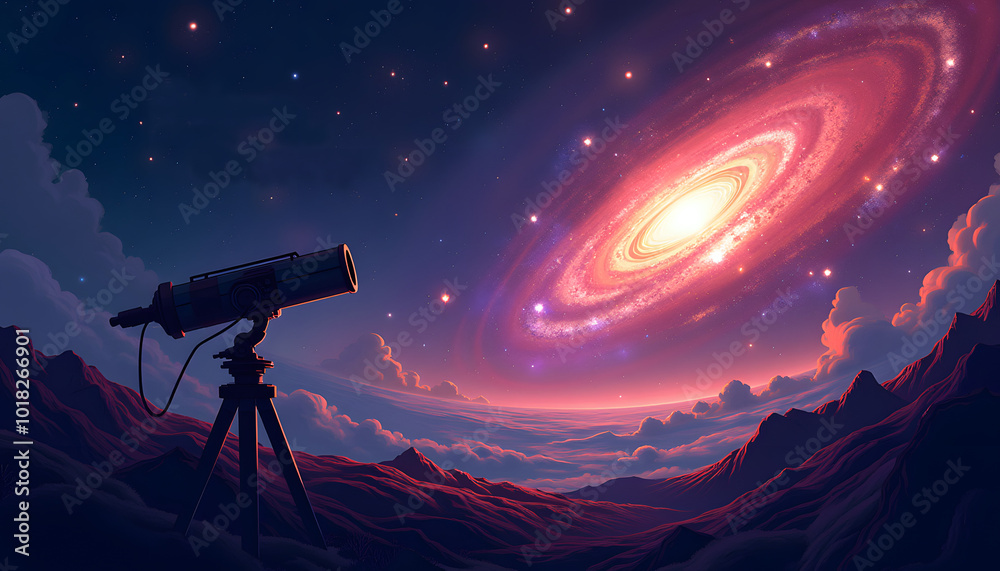 Space telescope capturing a distant galaxy in vibrant colors, Deep space environment filled with stars and cosmic dust Space telescope capturing a distant galaxy in vibrant colors, Deep space environment filled with stars and cosmic dust